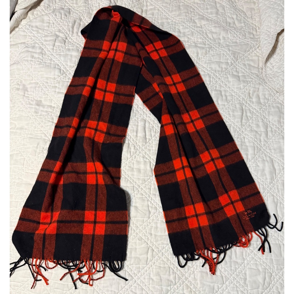 Coach Cashmere Scarf Red Black Buffalo Plaid Check Fringe Logo Winter Accessory